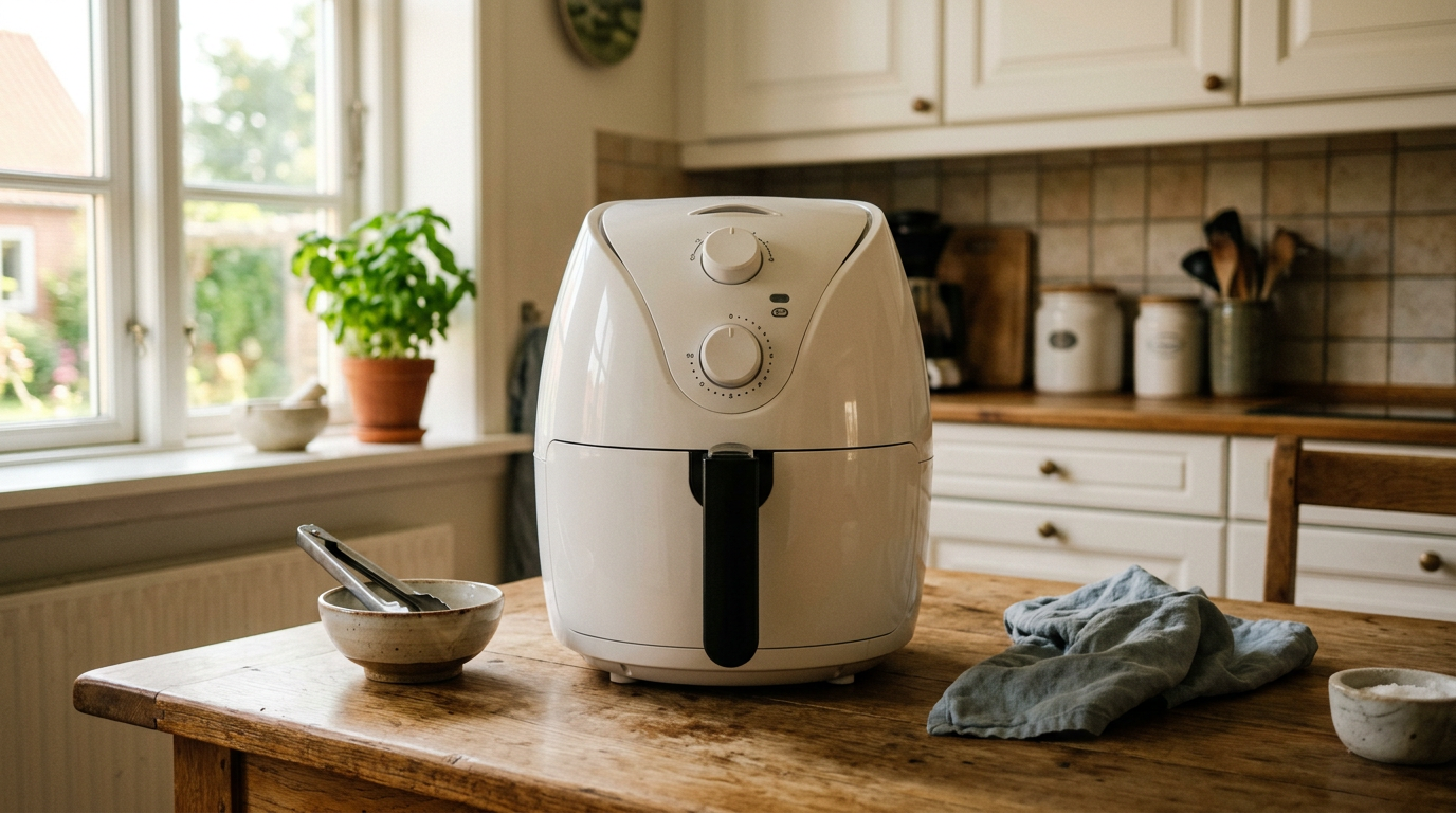 Hvid familie-airfryer på lys træbord i dansk køkkenstil