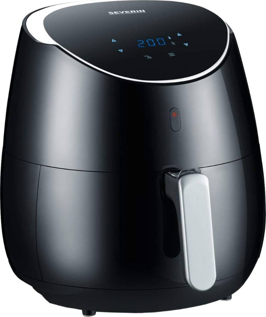 Severin FR 2445 airfryer i sort med digital touch-skærm, temperatur 200 °C og sølvfarvet frontgreb